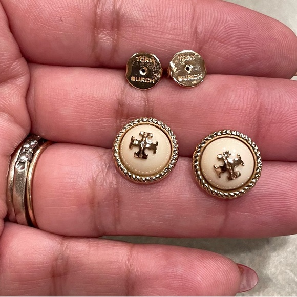 Sophisticated White and Gold Tory Burch Stud Earrings - Picture 5 of 7